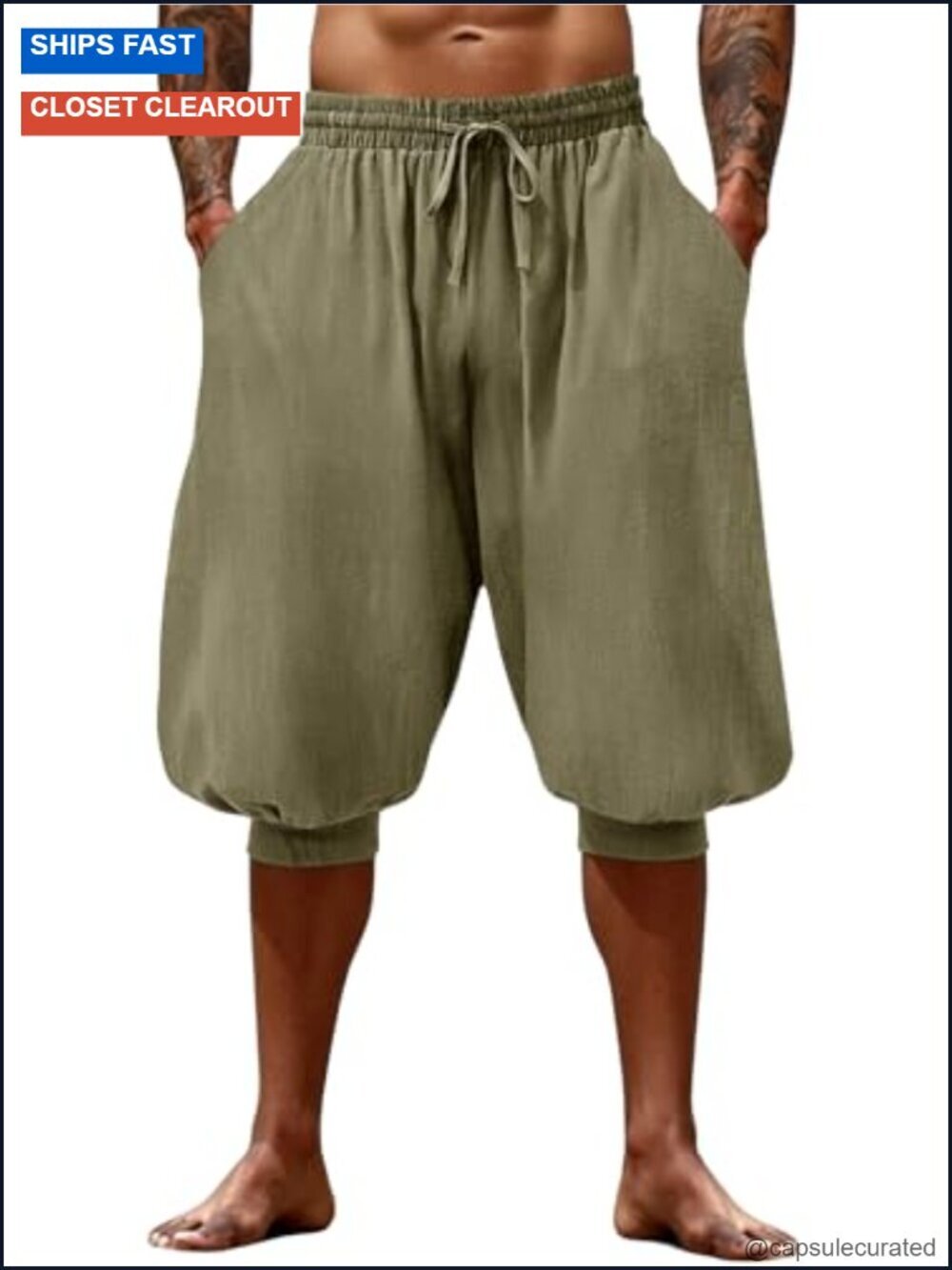 Mens Harem Pants Casual Elastic Waist Drawstring Baggy Hippie Shorts Cotton